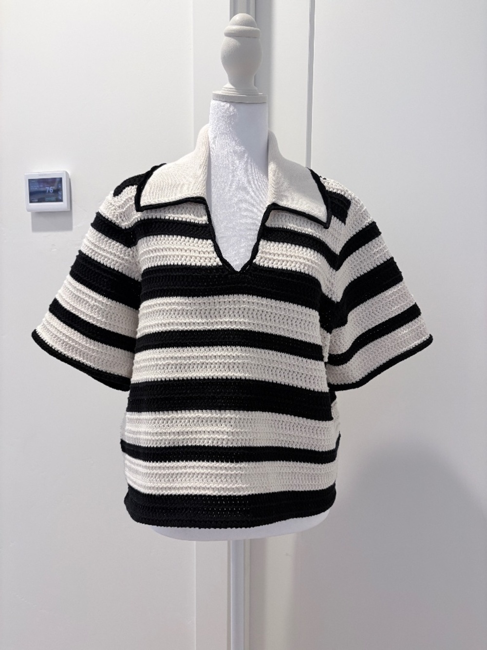 St. John Black and White horizontal stripe pullover sweater with collar